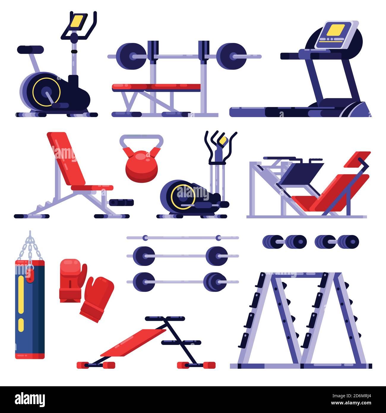 Gym and fitness club equipment set. Training apparatus, vector isolated illustration. Bodybuilding machines icons. Stock Vector