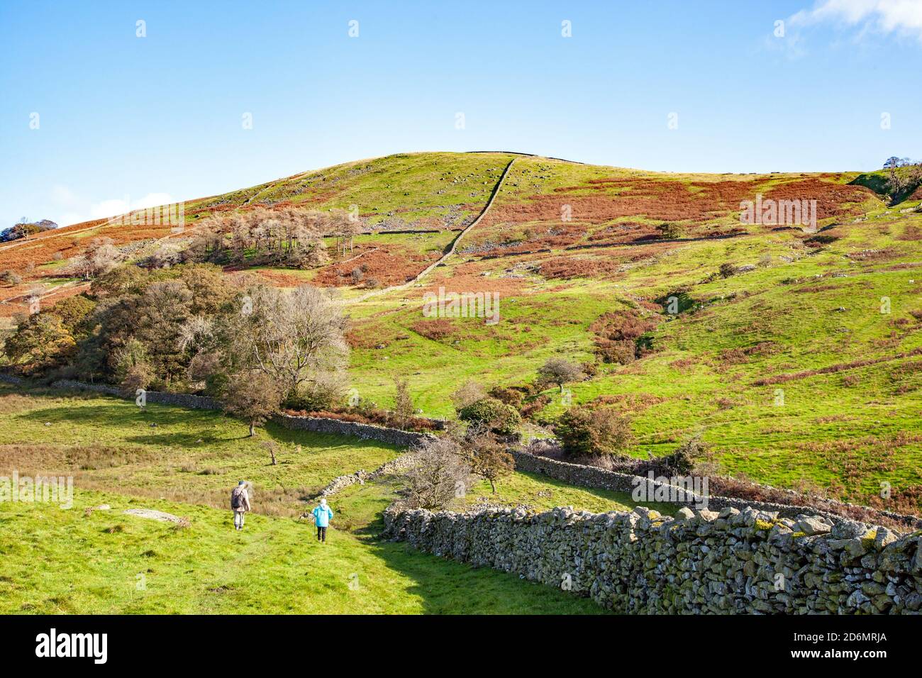 Elderly man and woman couple pensioners senior citizens  walking rambling backpacking in the north Yorkshire Dales in the hills above Kirkby Lonsdale Stock Photo