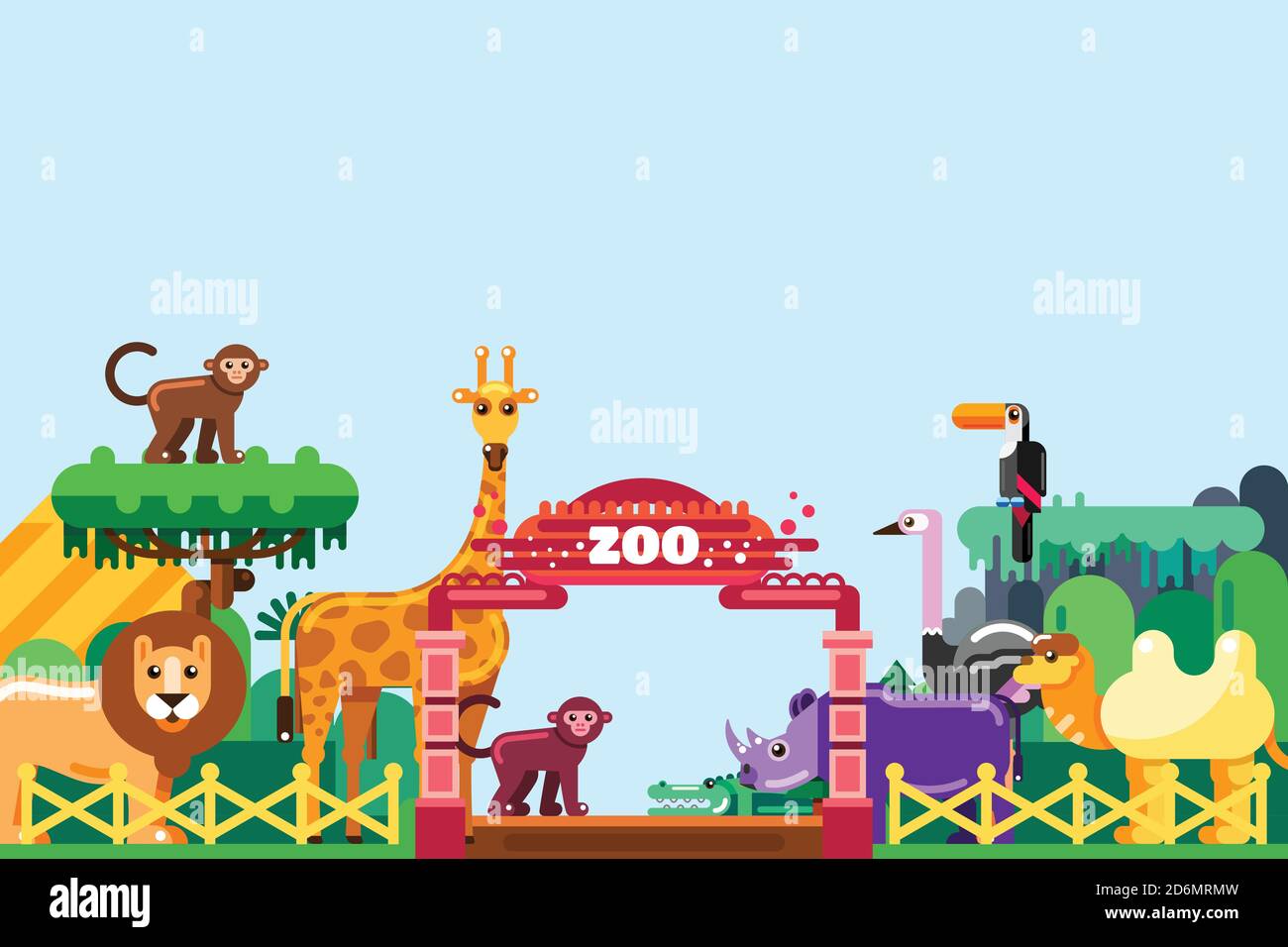Zoo entrance, vector flat style illustration. Cute animals around colorful gates. Weekend in park, leisure outdoor concept. Stock Vector