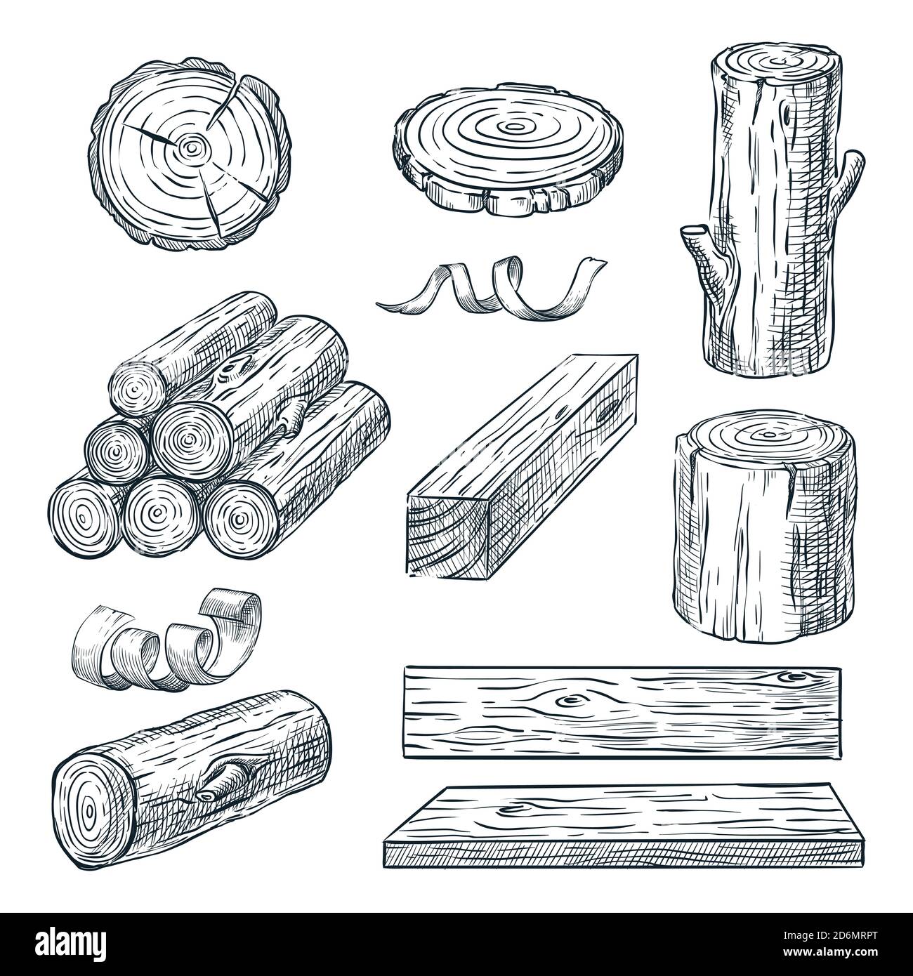 Wood logs, trunk and planks, vector sketch illustration. Hand drawn wooden materials. Firewood set. Stock Vector
