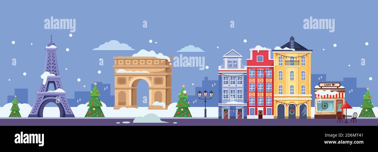 Winter in Paris. Vector flat illustration of cityscape with Eiffel tower, Triumphal Arch and old buildings. Christmas and New Year travel to France. Stock Vector