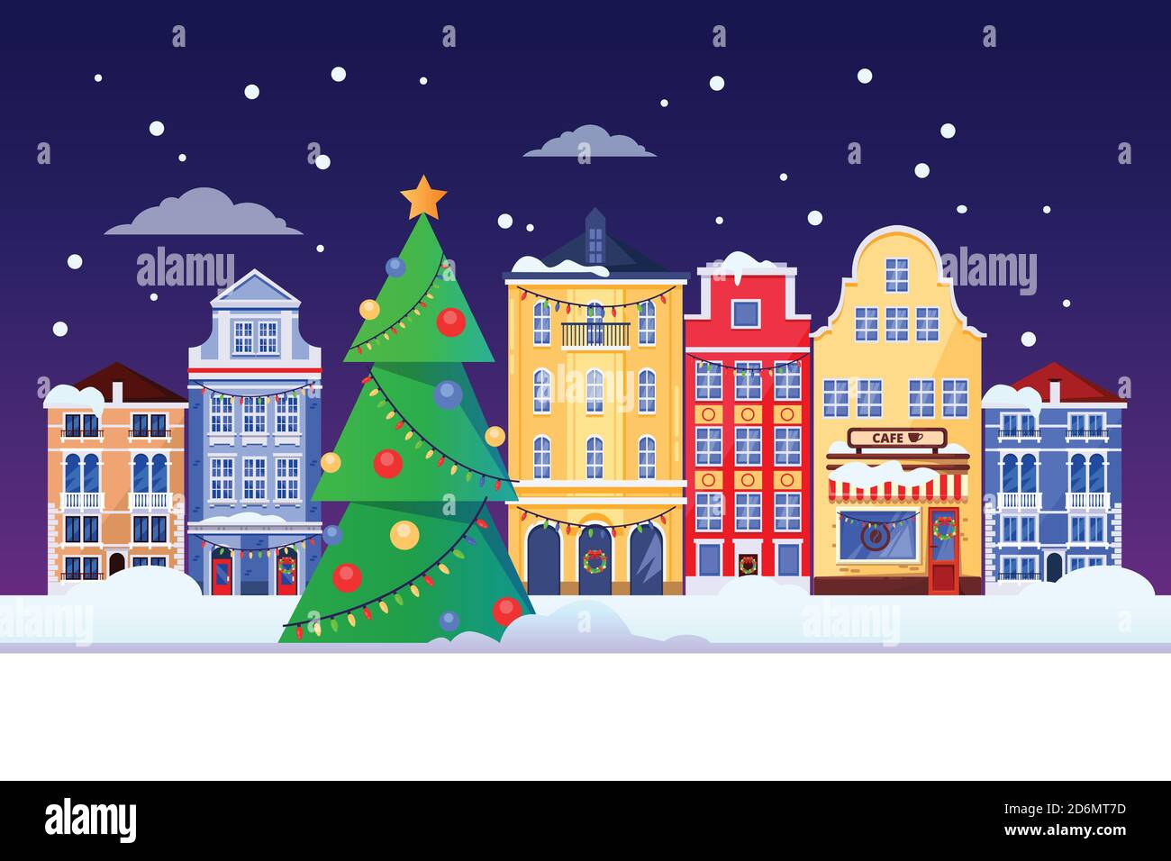 Christmas and New Years holiday in old Europe city. Vector flat illustration of cityscape with Christmas tree and European colorful houses facades. Ca Stock Vector