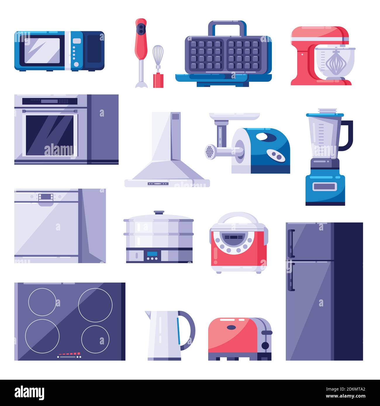 Kitchen home appliances icons and design elements set. Cooking electronics modern equipment. Vector colorful flat illustration. Stock Vector