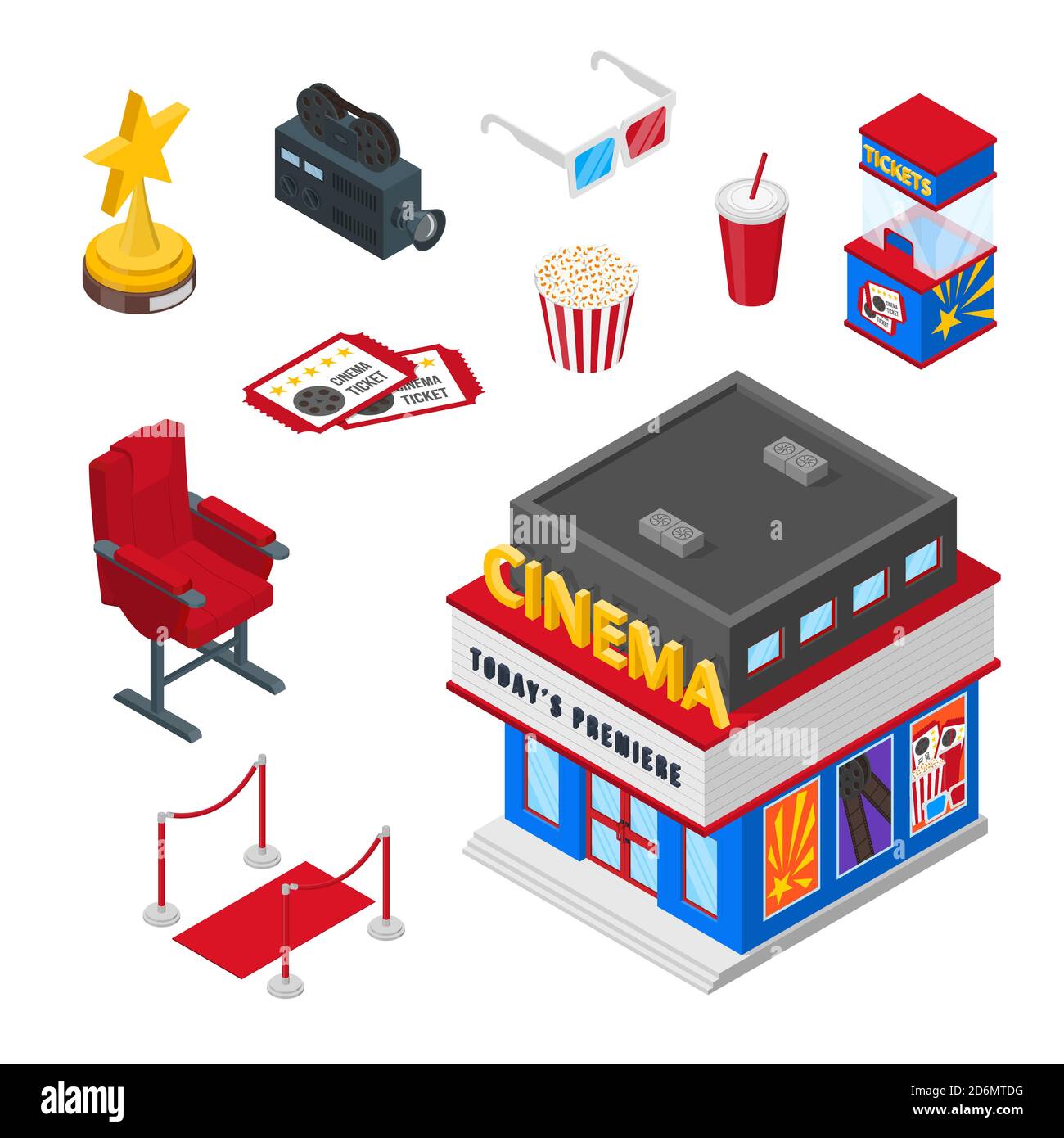 Cinema theater vector 3d isometric icons and design elements set ...