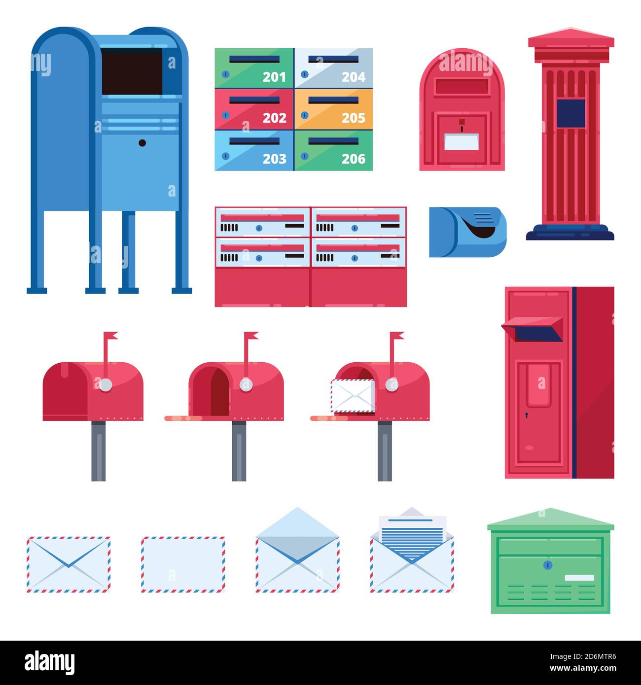 Post mailbox vector flat illustration. Letters and postboxes isolated icons. Stock Vector