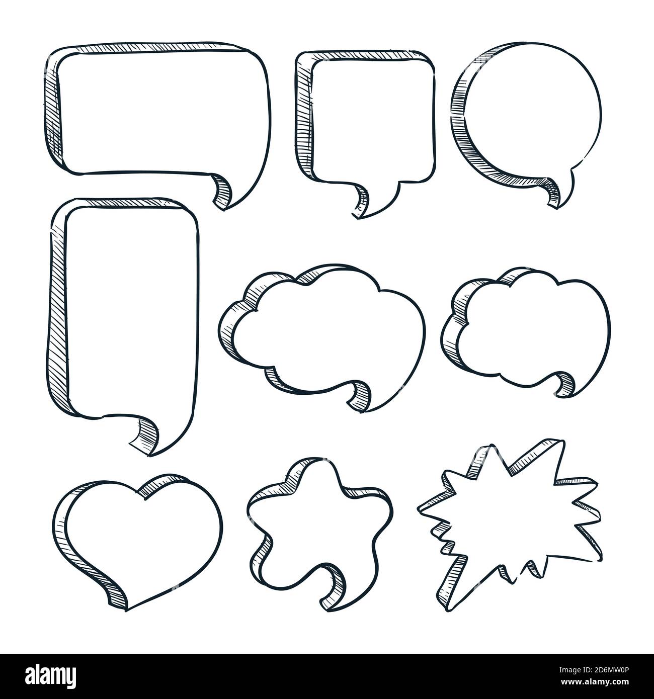 Blank speech bubbles frames with copy space. Vector sketch illustration. Hand drawn comic empty clouds with place for text. Dialog icons, stickers or Stock Vector