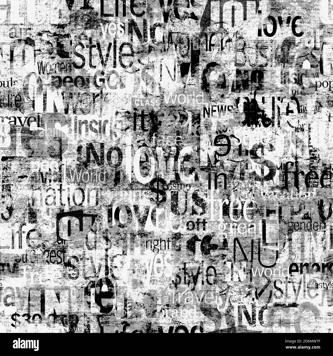 Abstract grunge urban geometric words, letters seamless pattern. Aged newspaper, magazine textured paper background. Black white collage repeating tex Stock Photo