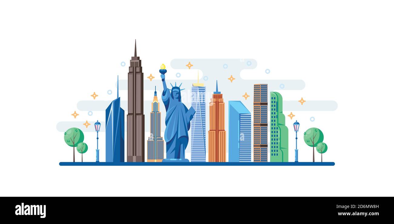 New York cityscape with famous touristic landmarks. Vector flat illustration. Travel to USA horizontal banner design elements. Stock Vector