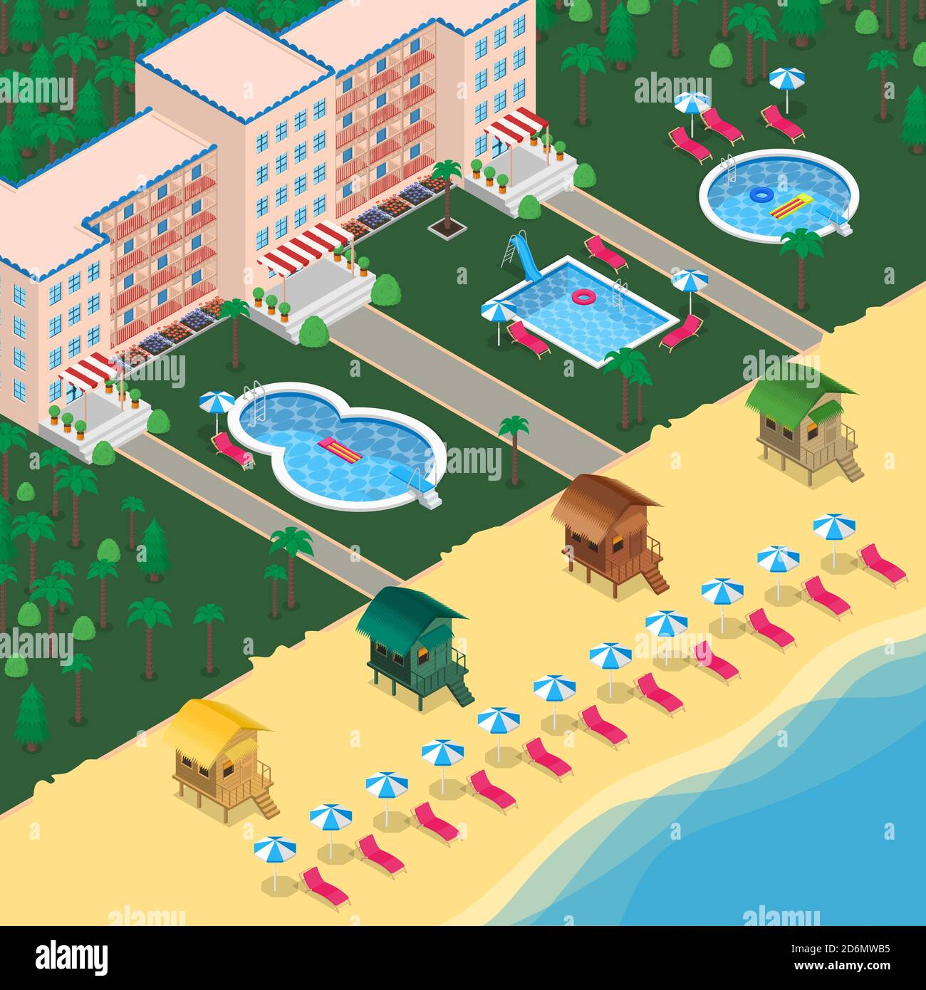 Hotel resort vector 3d isometric illustration. Modern buildings, swimming pool, tropical garden, bungalows on seaside. Summer vcation and holiday trav Stock Vector