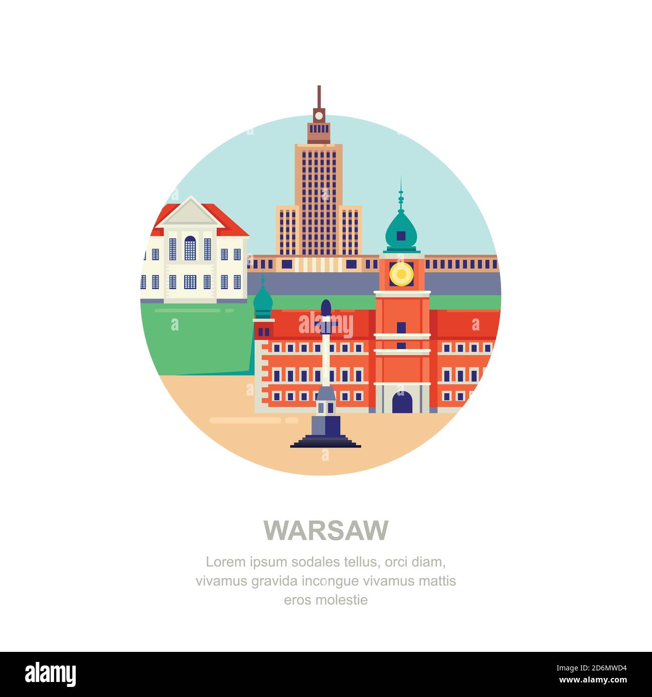 Travel to Poland vector flat illustration. Warsaw city symbols and touristic landmarks. City building icons and design elements. Stock Vector