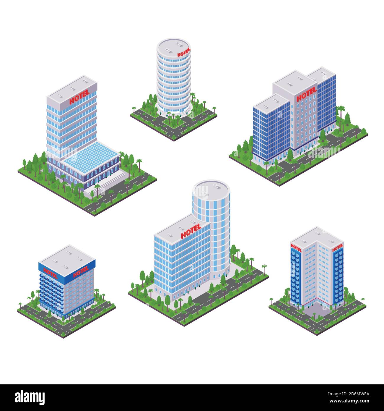 City hotel modern buildings, vector 3d isometric icons and design elements set. Business real estate objects isolated on white background. Stock Vector