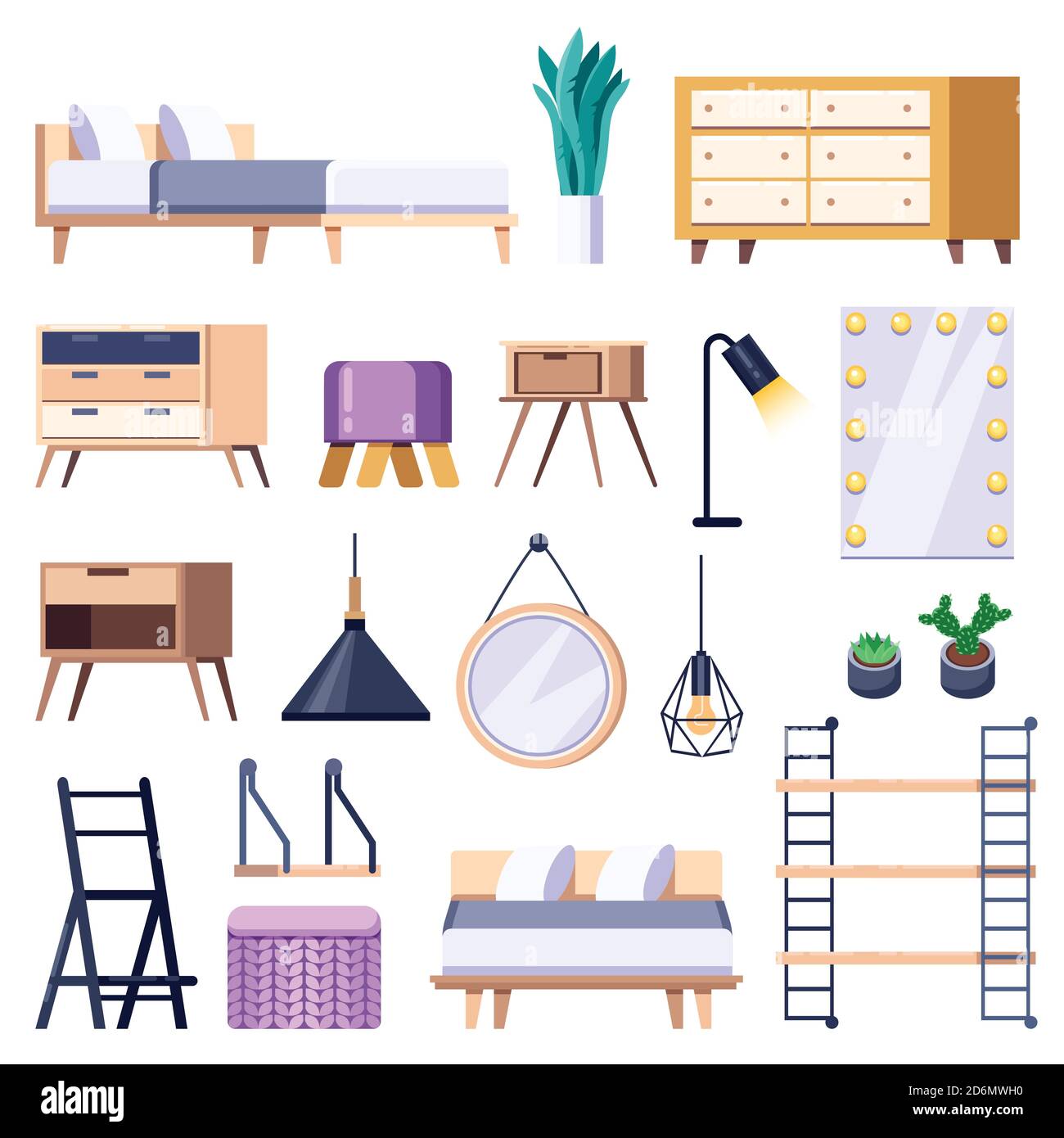 Bedroom modern interior isolated icons and design elements. Vector flat illustration. Cozy scandinavian loft apartment and home furniture. Stock Vector