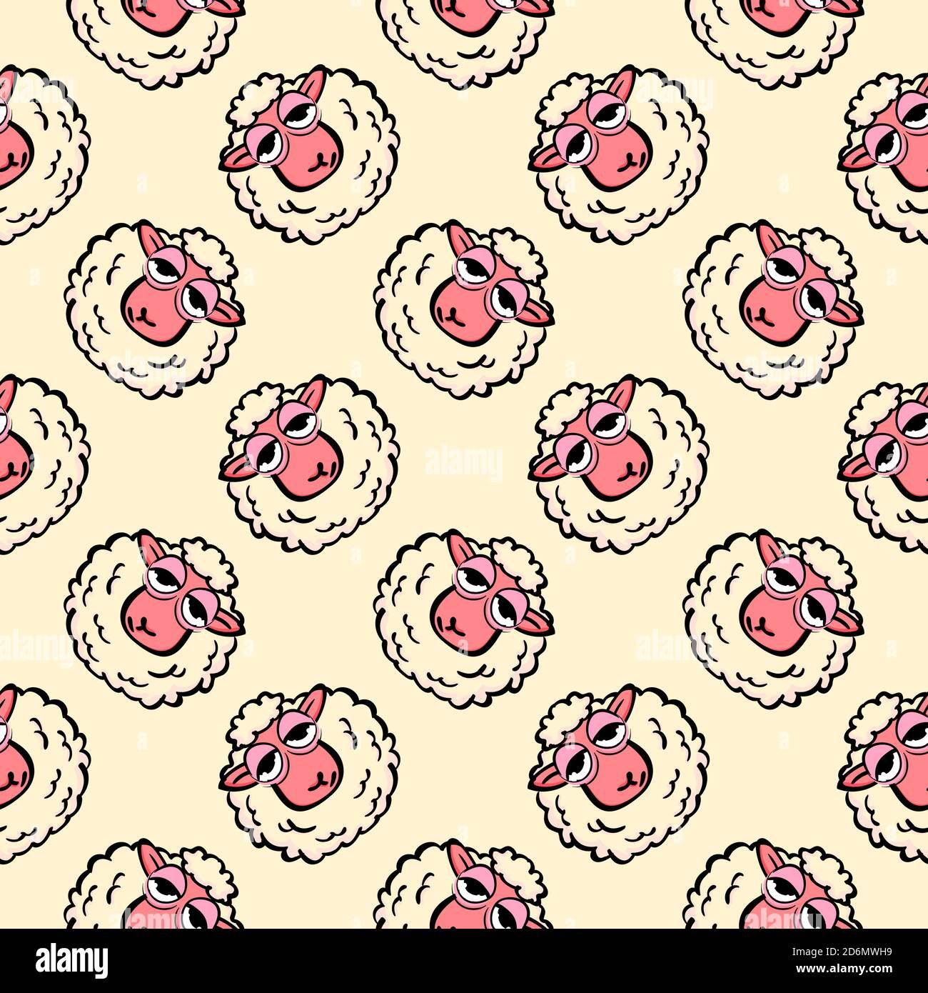 Fluffy sheep, seamless pattern on light yelow background. Stock Vector