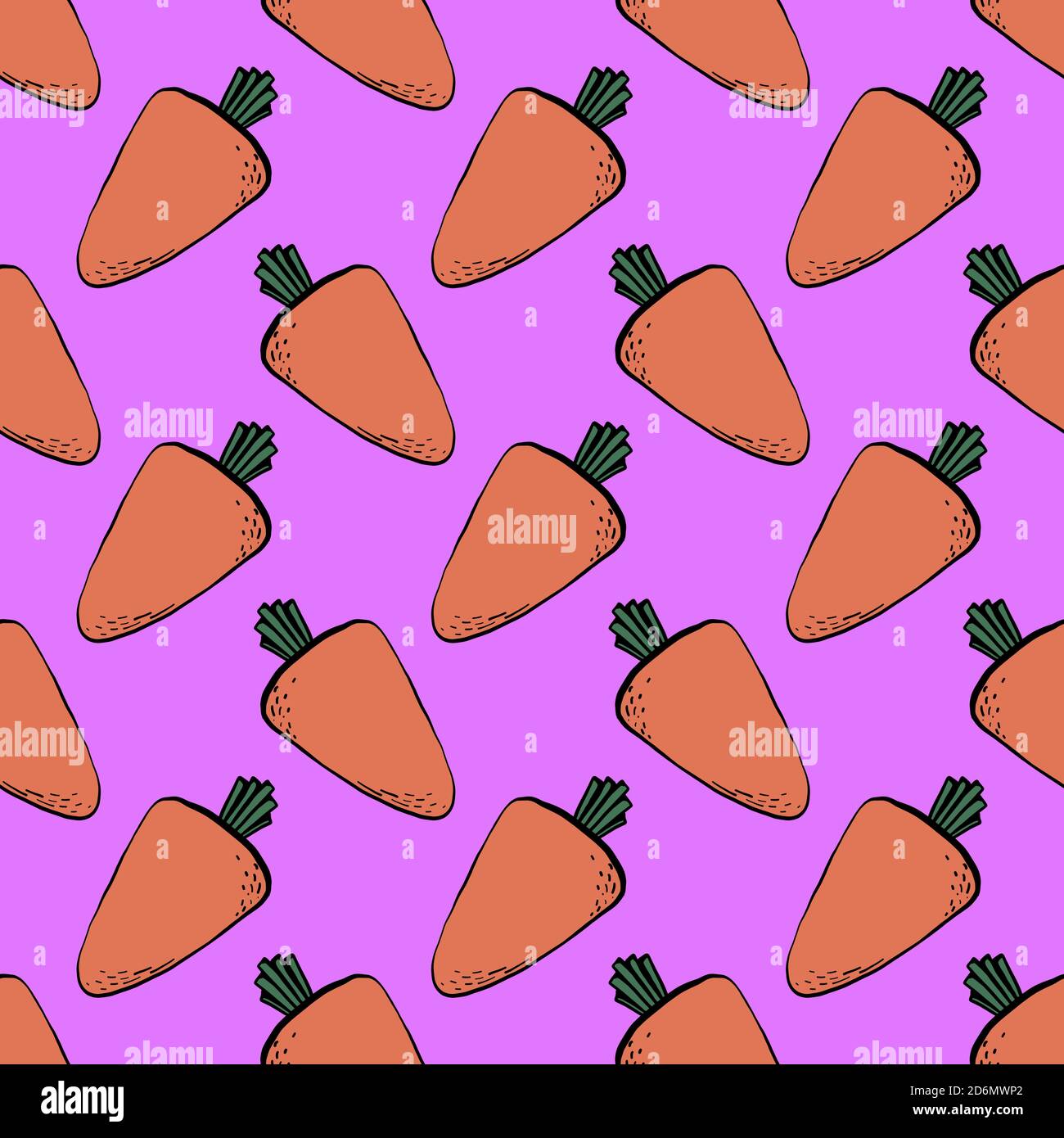 Orange carrots, seamless pattern on violet background. Stock Vector