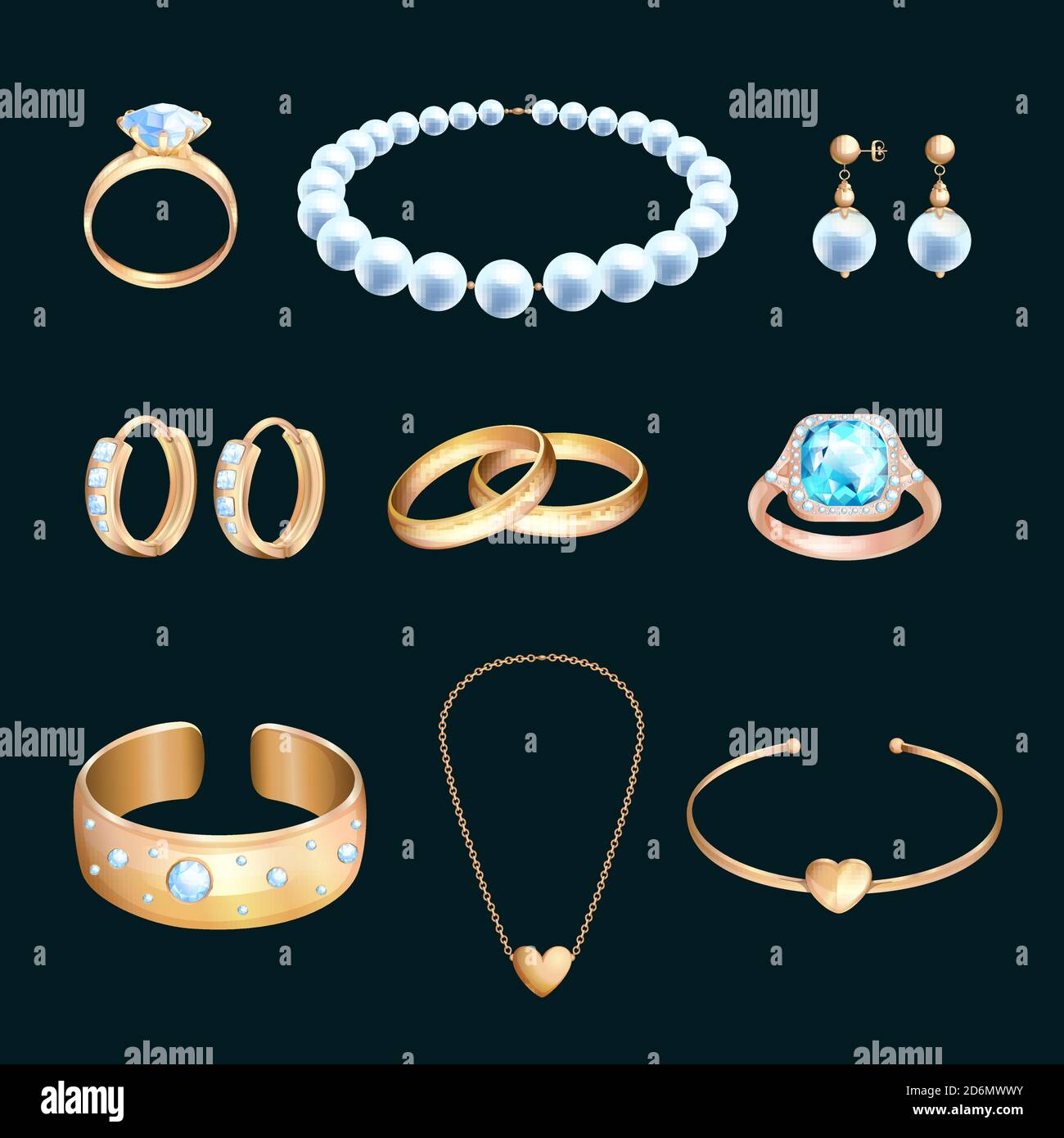 Golden jewelry and gems, vector cartoon illustration. Set of pearl necklace, earrings and wedding rings. Luxury gifts design elements. Stock Vector