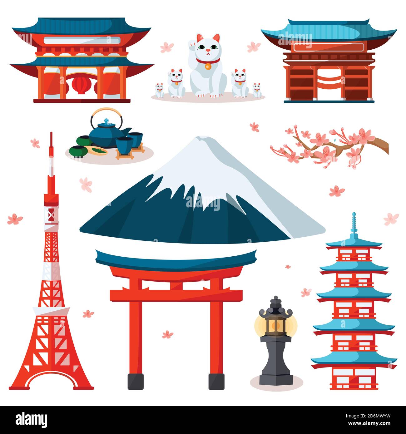 Travel to Asia, Japan icons and isolated design elements set. Vector Japanese and Tokyo culture symbols and landmarks. Stock Vector