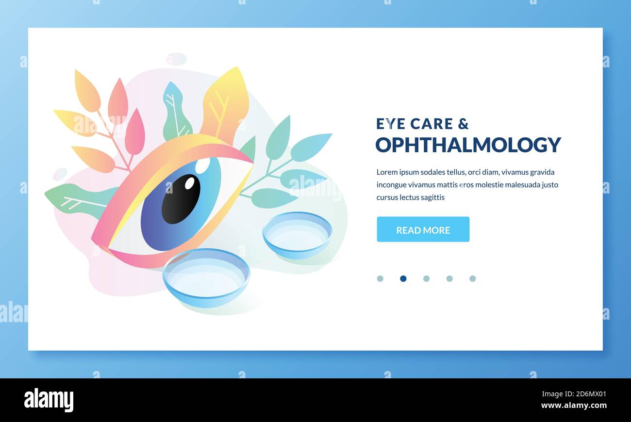 Ophthalmology and eye care concept. Vector isometric gradient illustration of colorful human eye and contact lenses. Landing page or banner design tem Stock Vector