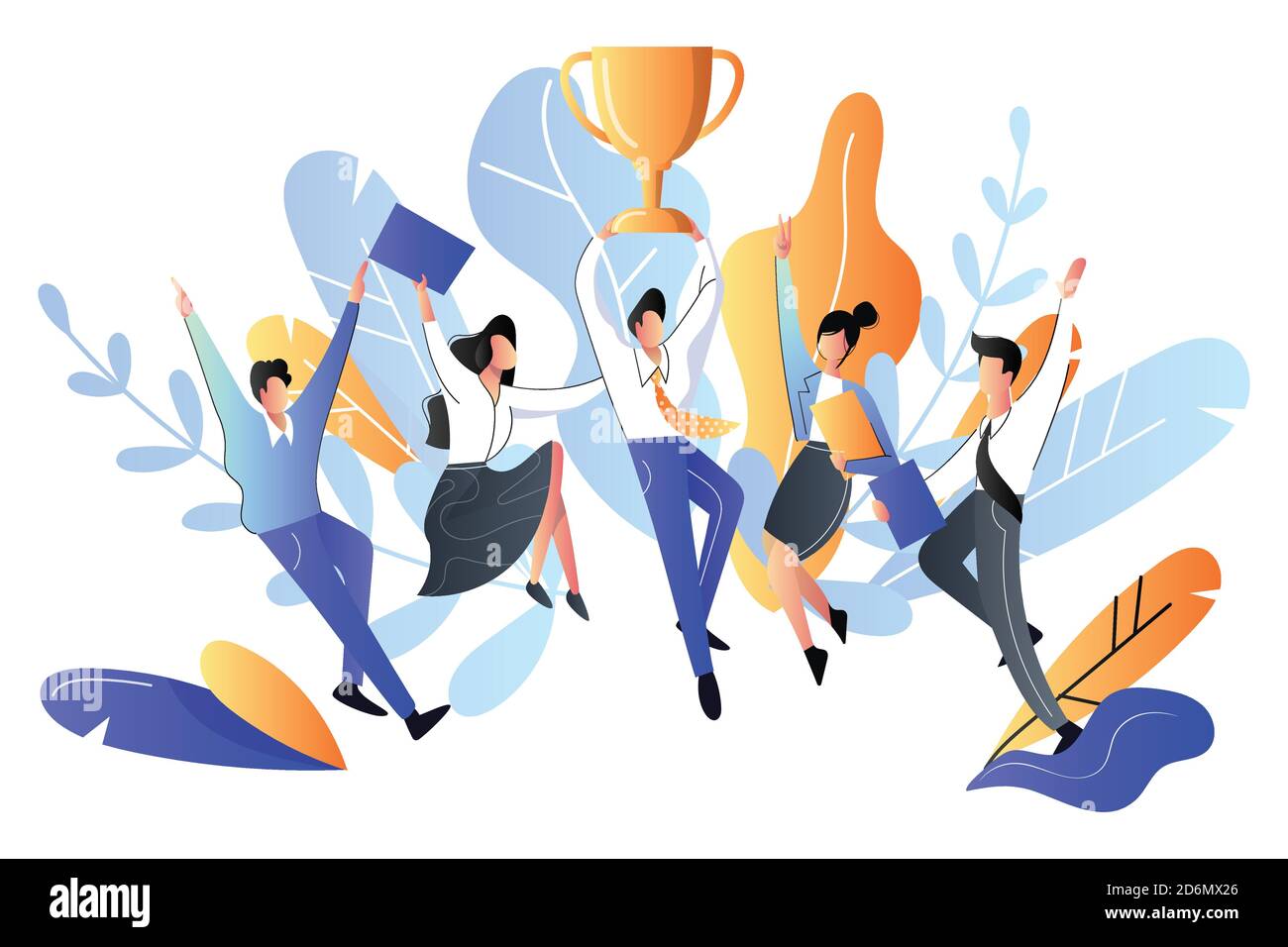 Successful team or teamwork concept. Vector flat style illustration. Happy young people got prize, business metaphor. Stock Vector