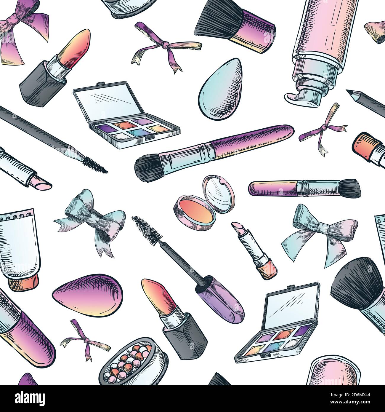 Makeup cosmetics and brushes. Vector seamless fashion pattern. Female beauty background for textile print, wrapping or package. Sketch hand drawn illu Stock Vector