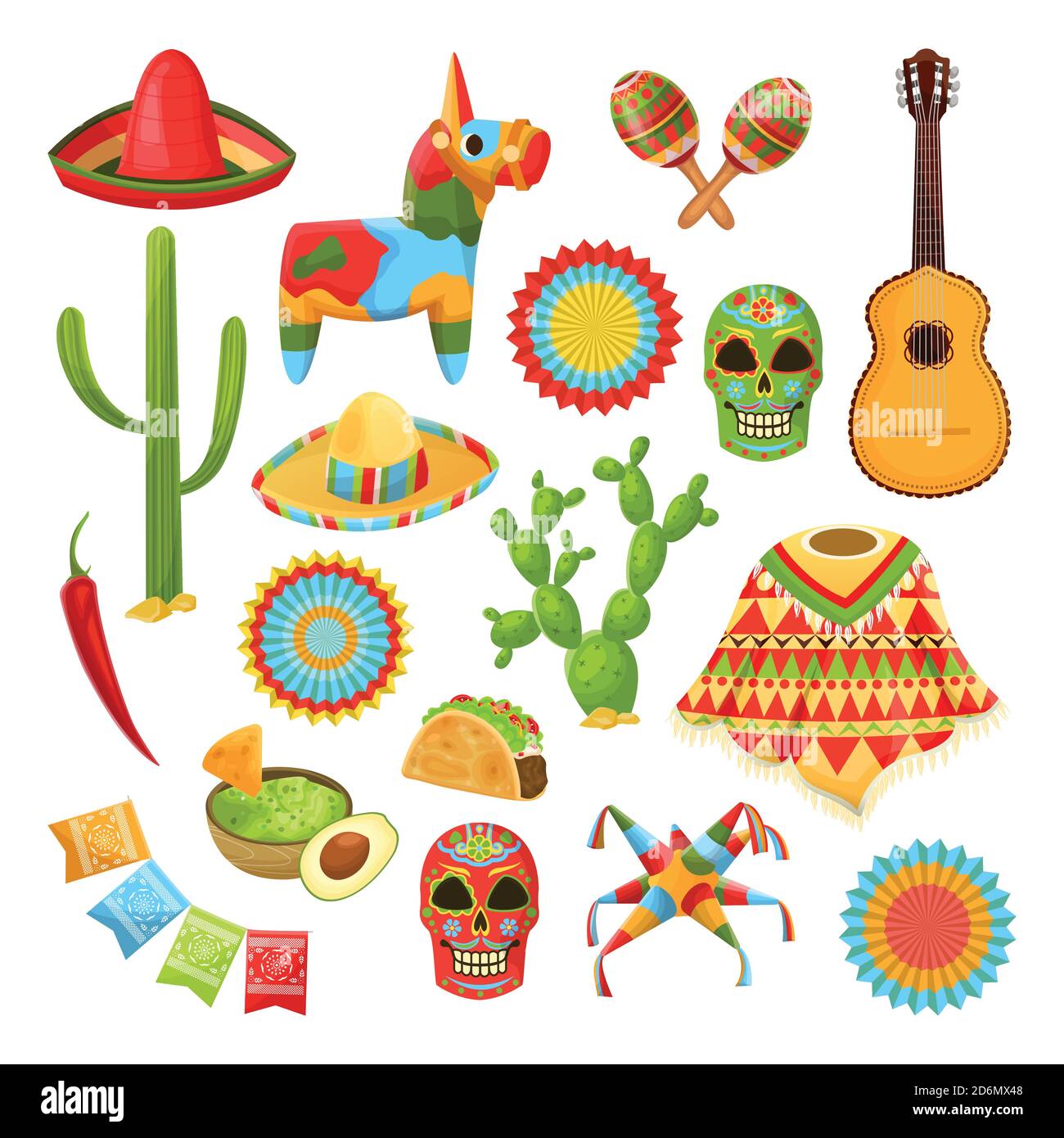 Mexican national symbols. Vector design elements for Cinco de Mayo holiday. Fiesta, celebration, party icons, isolated on white background. Stock Vector
