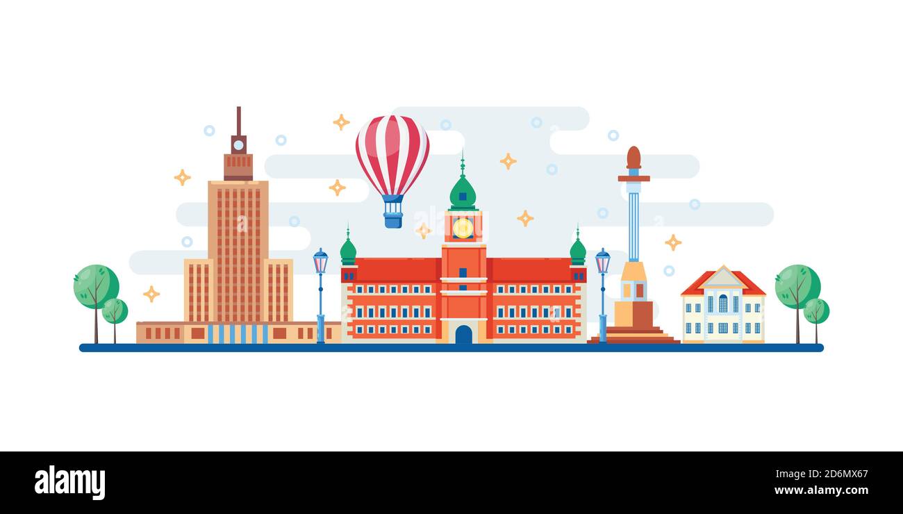 Warsaw cityscape with famous touristic landmarks. Vector flat illustration. Travel to Poland horizontal banner design elements. Stock Vector