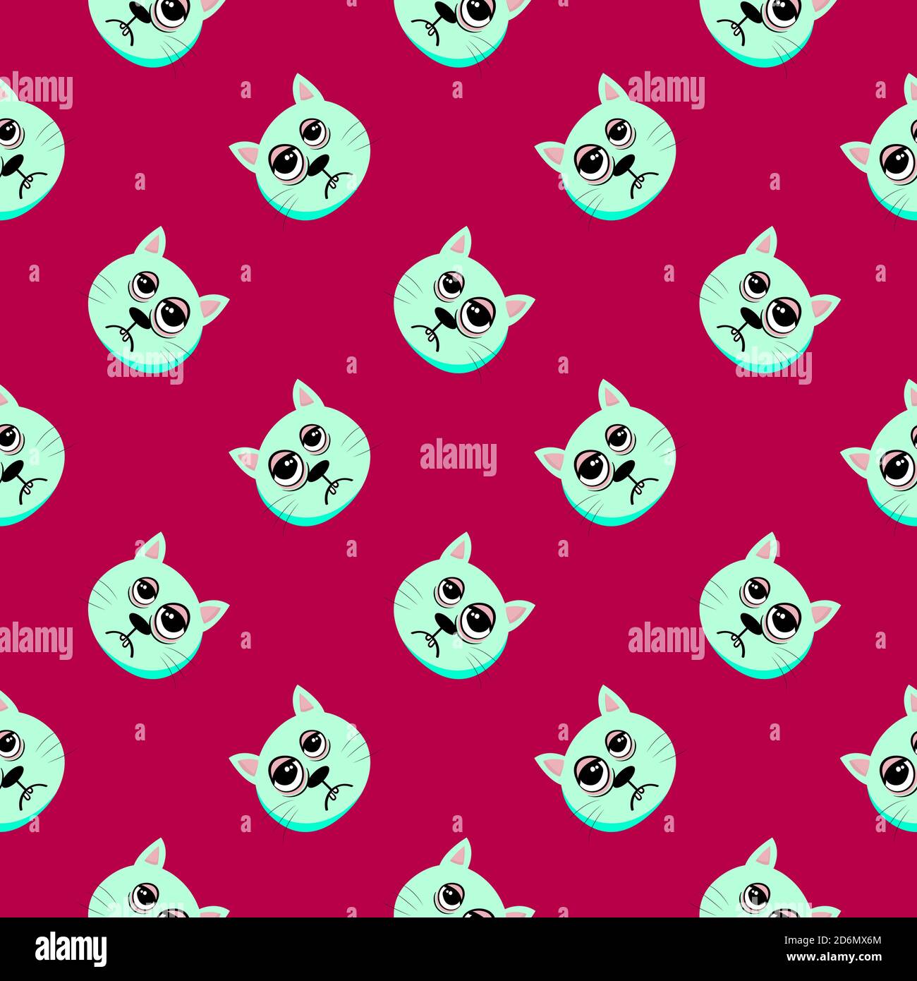 Bored cat, seamless pattern on red background. Stock Vector