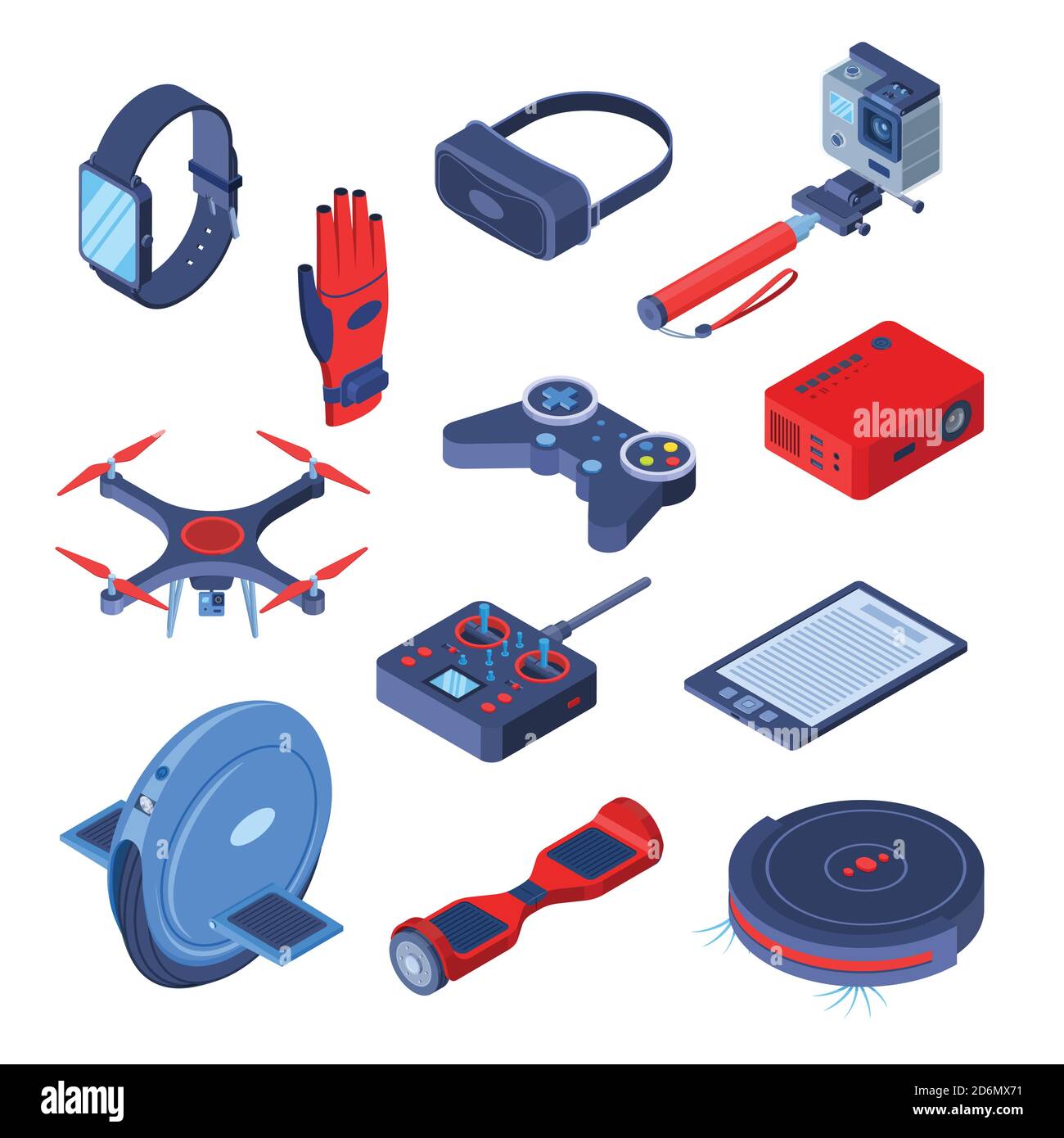 Modern gadgets and devices vector 3d isometric icons and design elements set. Virtual reality, robots, smart future technologies concept. Stock Vector