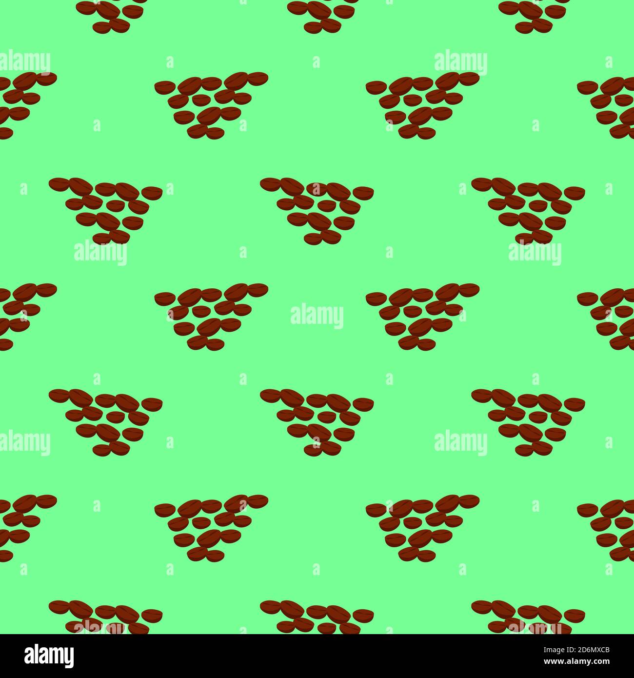 Brown Coffee beans, seamless pattern on green background. Stock Vector