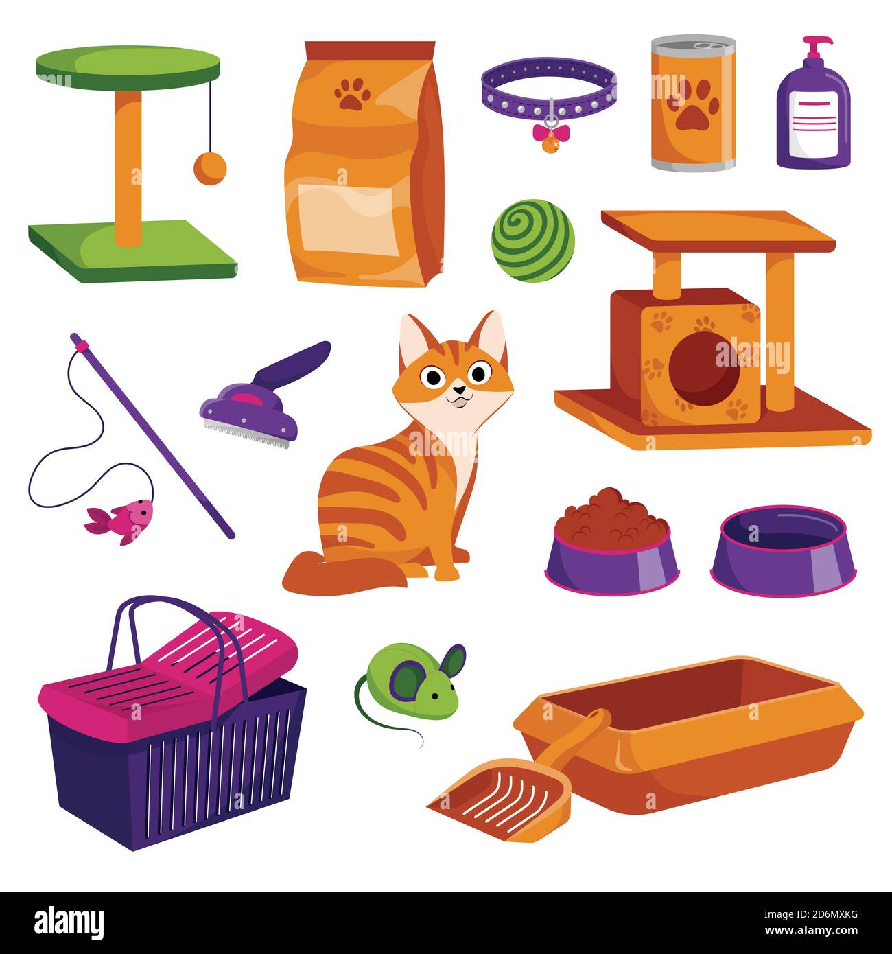 Pet shop icons set. Cat goods vector cartoon illustration. Animal food, toys, care and other stuff. Stock Vector