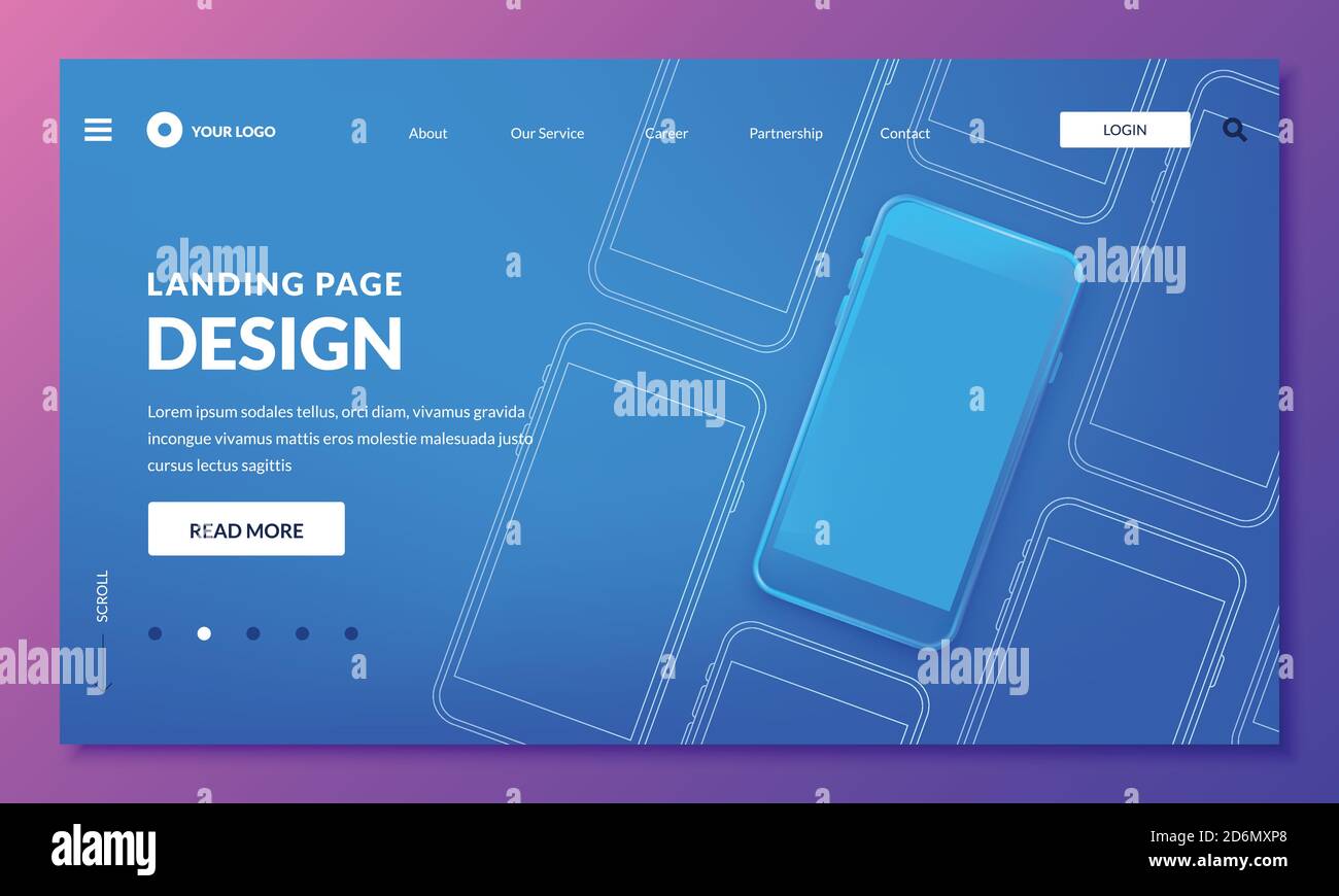 Blue 3d smartphone illustration, minimalistic mockup for mobile interface, landing page or web banner. Vector layout design elements. Stock Vector
