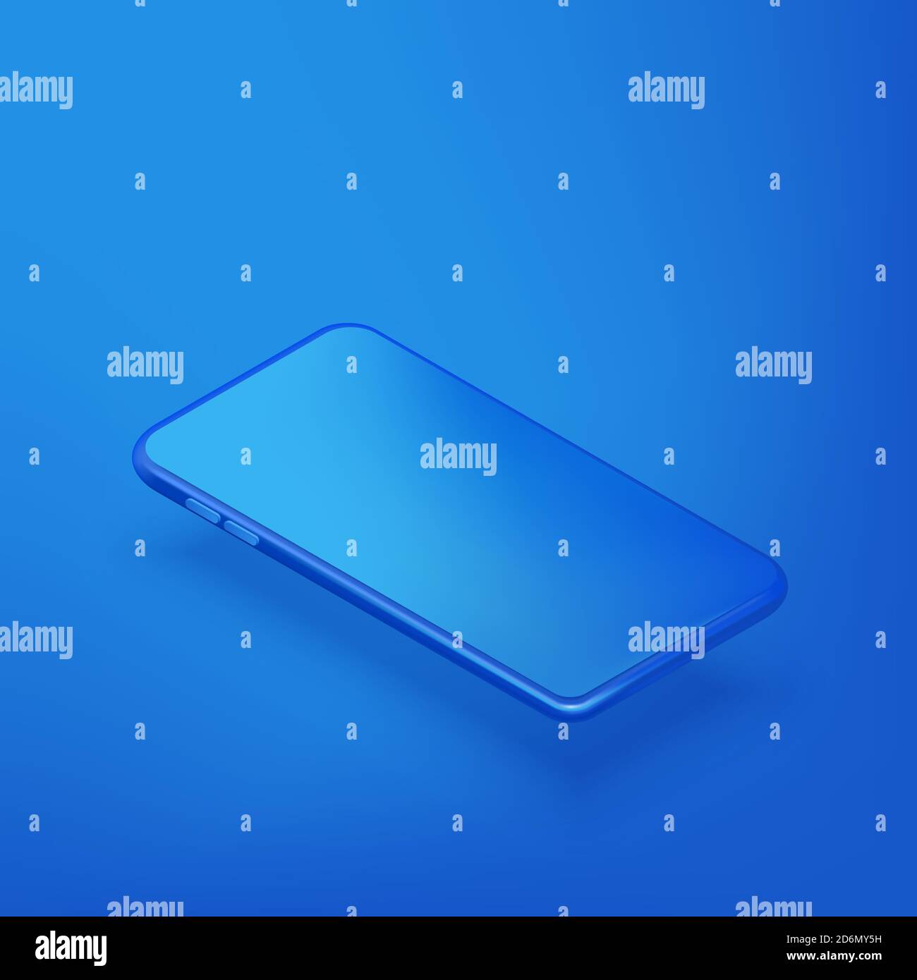Smartphone horizontal mockup design template. Vector realistic 3d isometric illustration of blue plastic mobile phone on blue gradient background. Bla Stock Vector