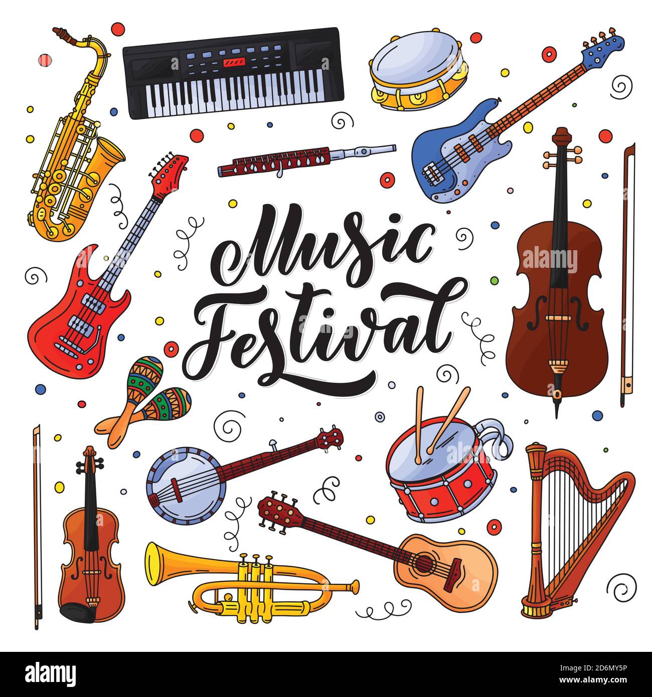Music festival banner or poster design elements. Vector doodle style illustration. Hand drawn calligraphy lettering, jazz and rock music instruments, Stock Vector