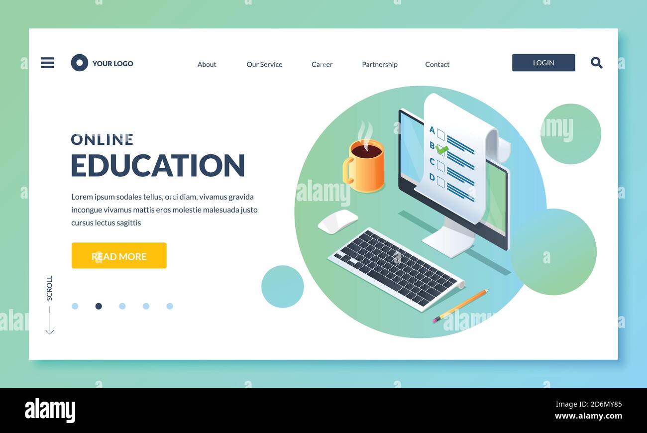 Online education and study. Landing page or banner design template. Vector 3d isometric illustration. Web learning and training concept. Stock Vector