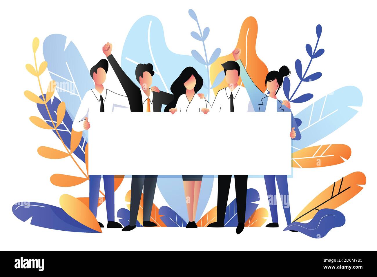 Young people holding horizontal blank white banner. Abstract business  poster background with copy space. Vector flat style illustration. Teamwork  pres Stock Vector Image & Art - Alamy