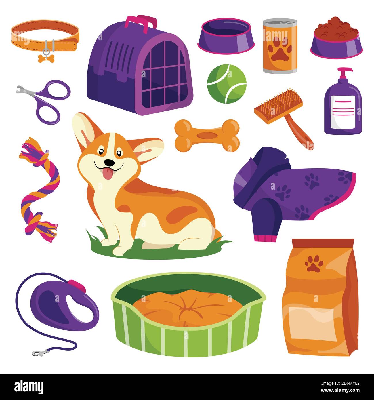 Pet shop icons set. Dog goods vector cartoon illustration. Animal food, toys, care and other stuff. Stock Vector