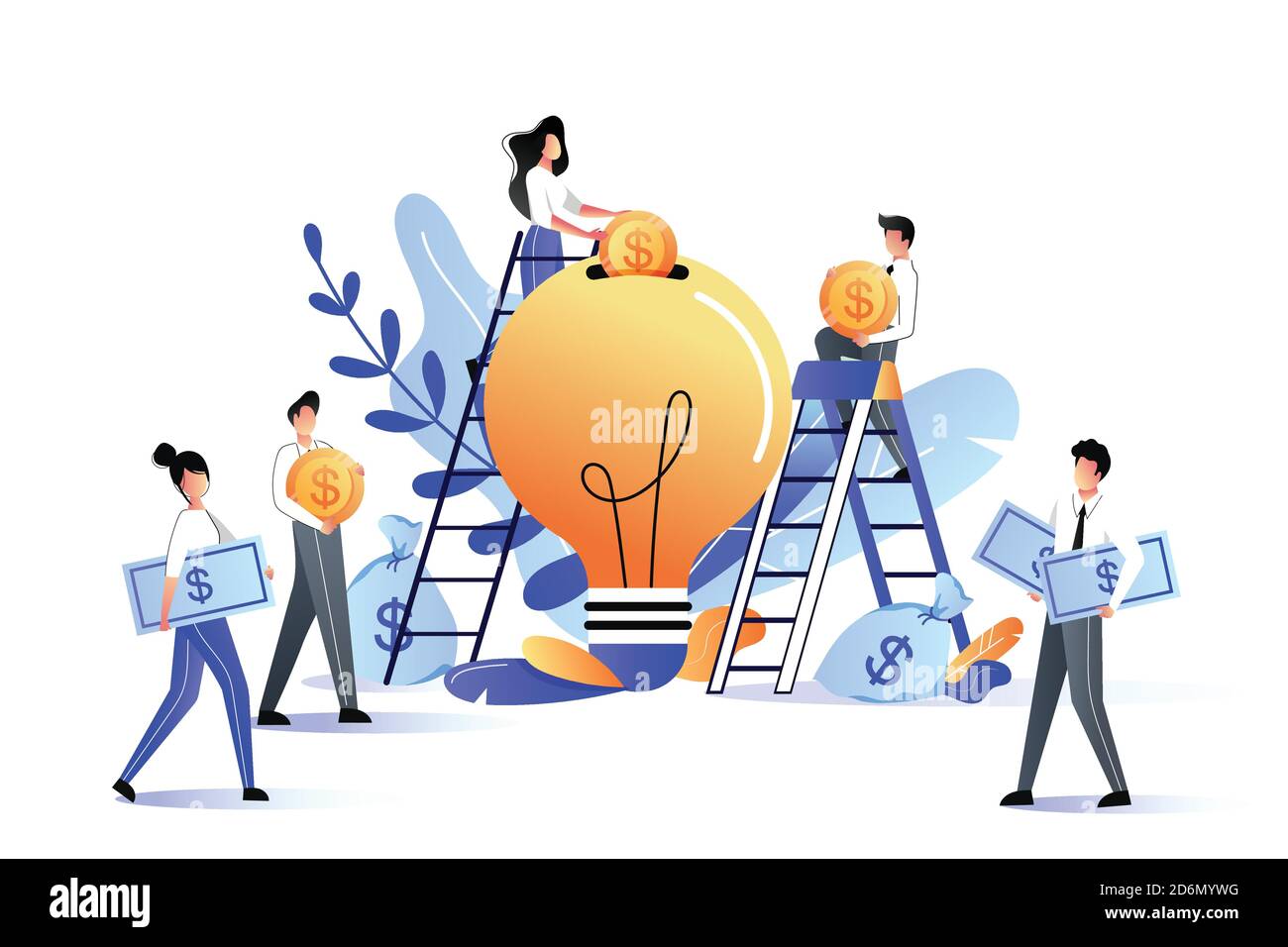 Crowdfunding and investment into idea or business startup. Vector flat illustration. Young people putting money to bulb piggybank. Crowd funding, char Stock Vector