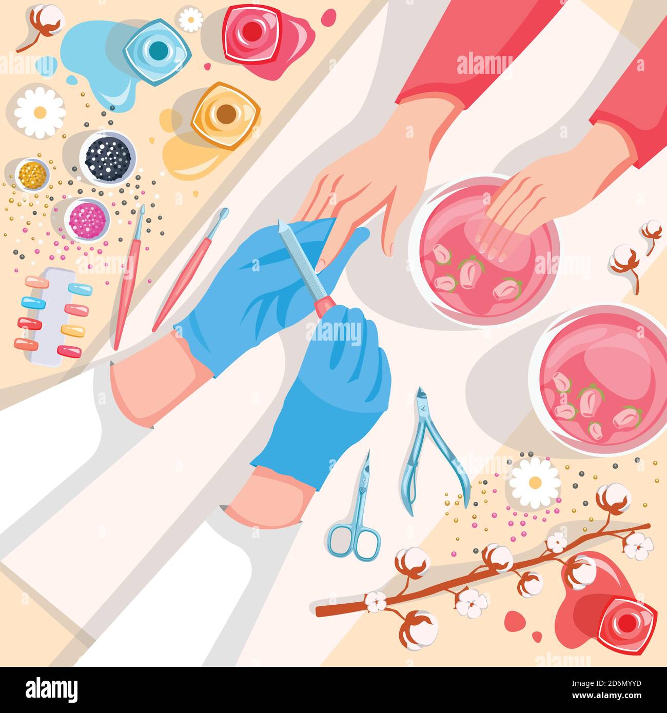 Manicure, hands and nails care top view vector illustration. Beauty salon and spa procedure concept. Young girl makes a manicure in the salon Stock Vector