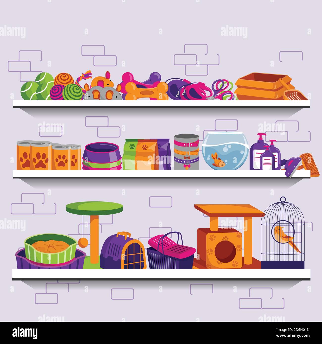 Pet shop vector illustration. Market shelves with food, supplies, accessories and toys for dogs and cats. Banner, flyer or poster flat background. Stock Vector