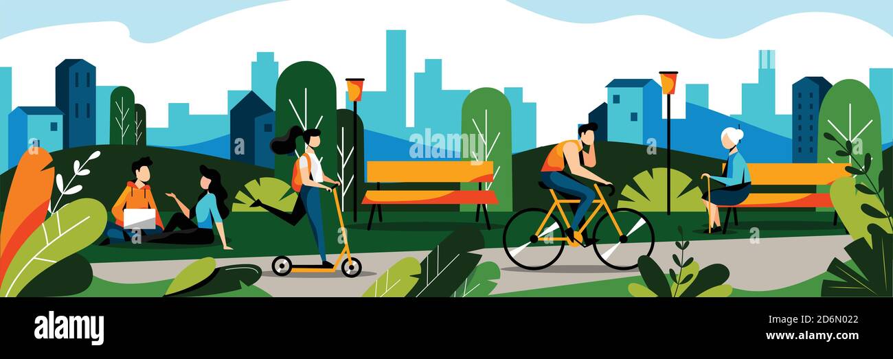 People in city park. Vector flat illustration. Spring and summer weekend leisure activity concept. Nature background. Stock Vector