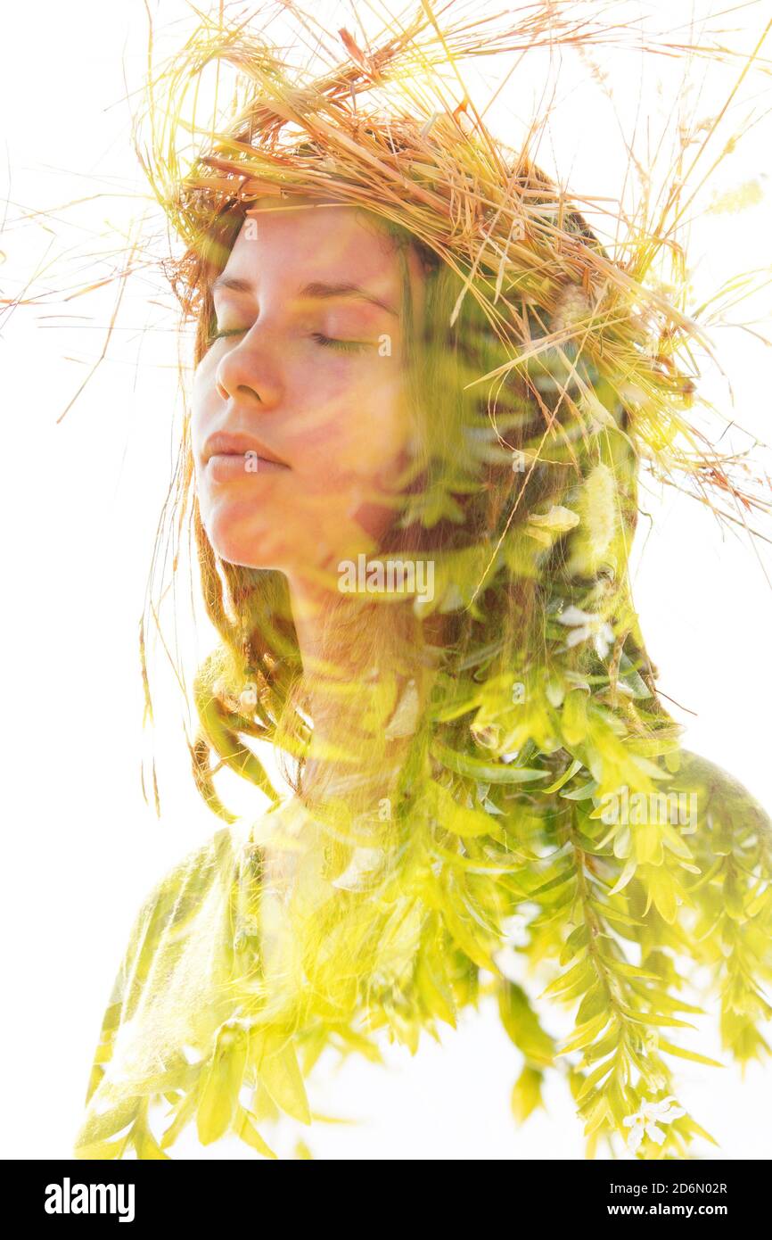 Young woman double exposure portrait with leaves Stock Photo - Alamy