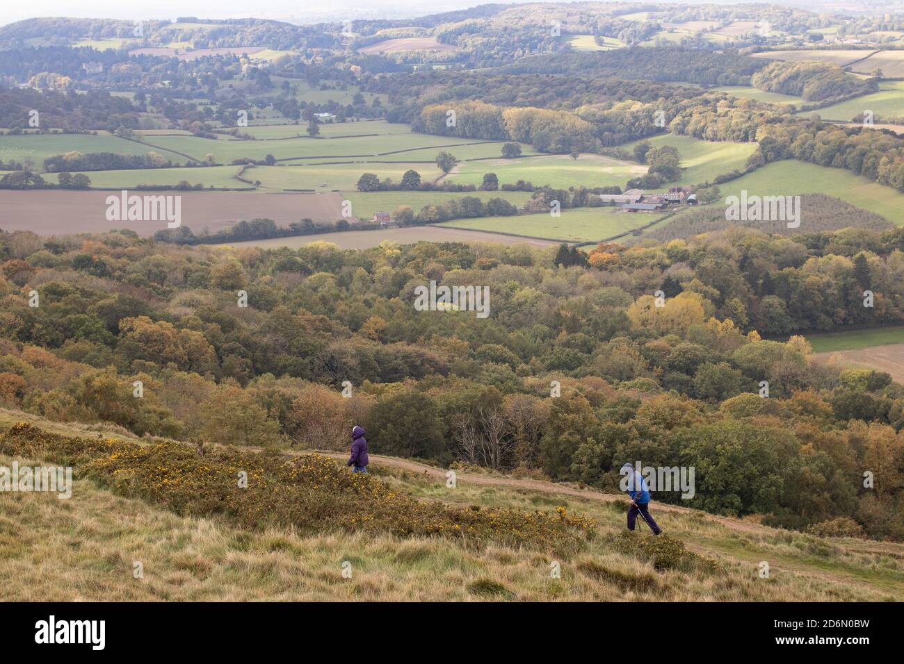 The view from British Camp Hill Fort  on top of the Malvern Hills looking towards Wales and Herefordshire Stock Photo