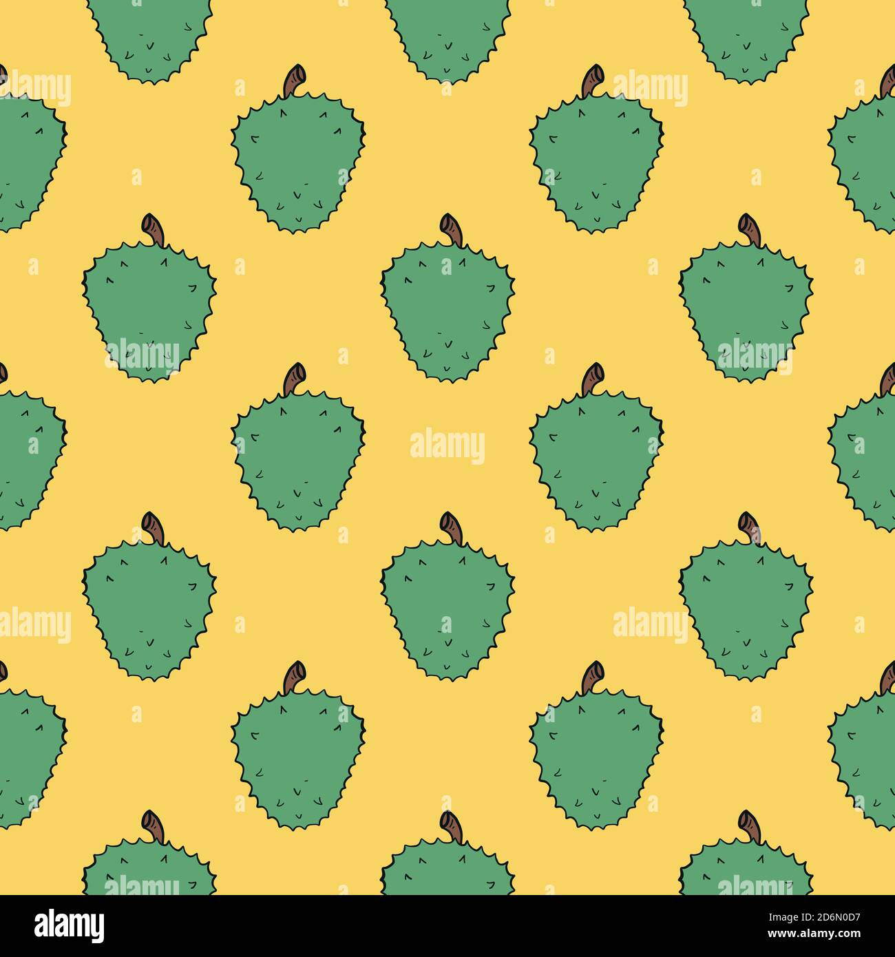 Green durian, seamless pattern on yellow background. Stock Vector