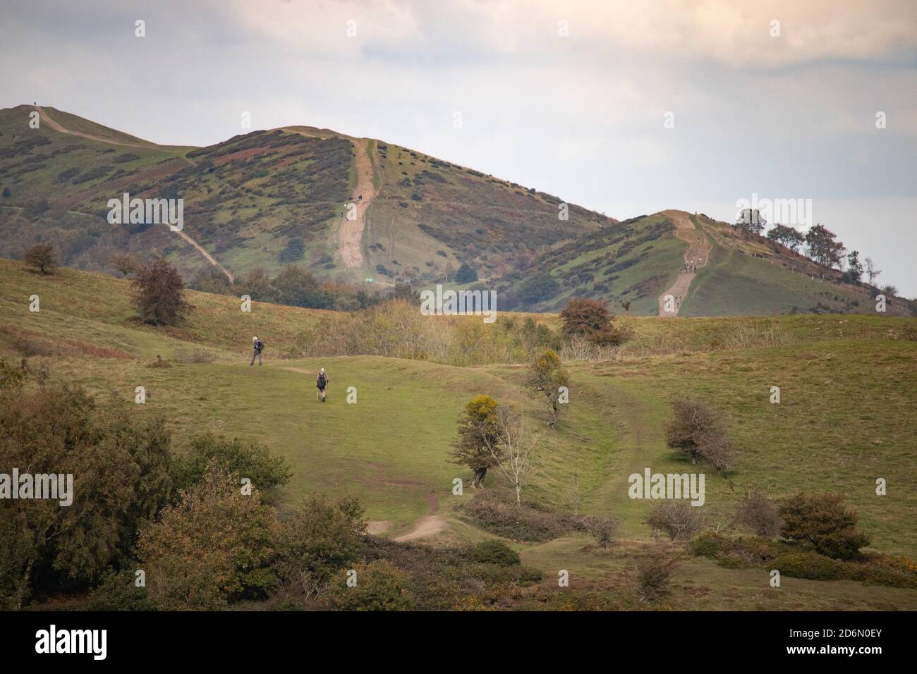 The view from Hangmans Hill looking towards British Camp Hill Fort on top of the Malvern Hills. Stock Photo