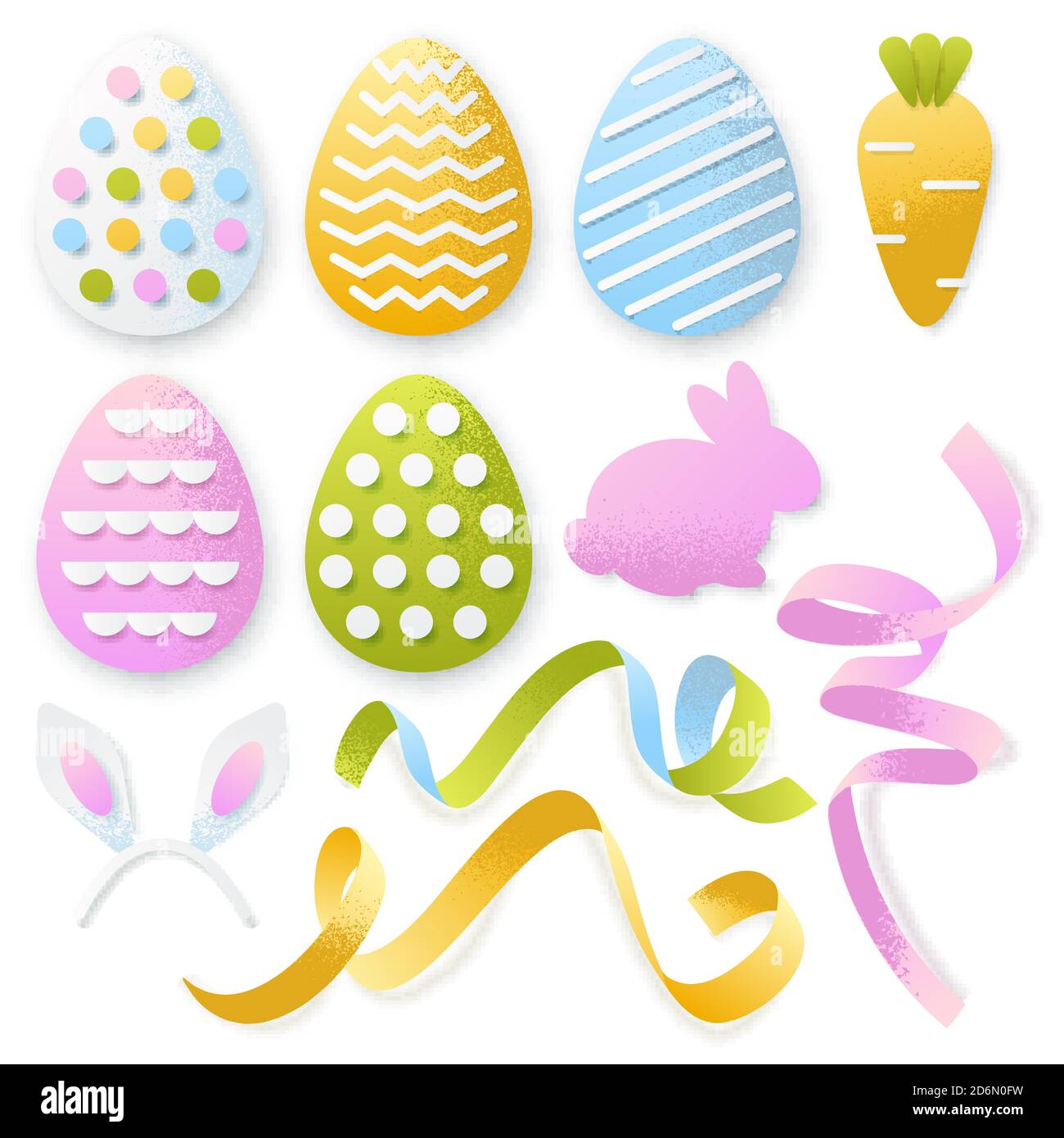 Easter 3d paper cut eggs, ribbons, rabbit set. Vector holiday craft handmade design elements on white background. Stock Vector