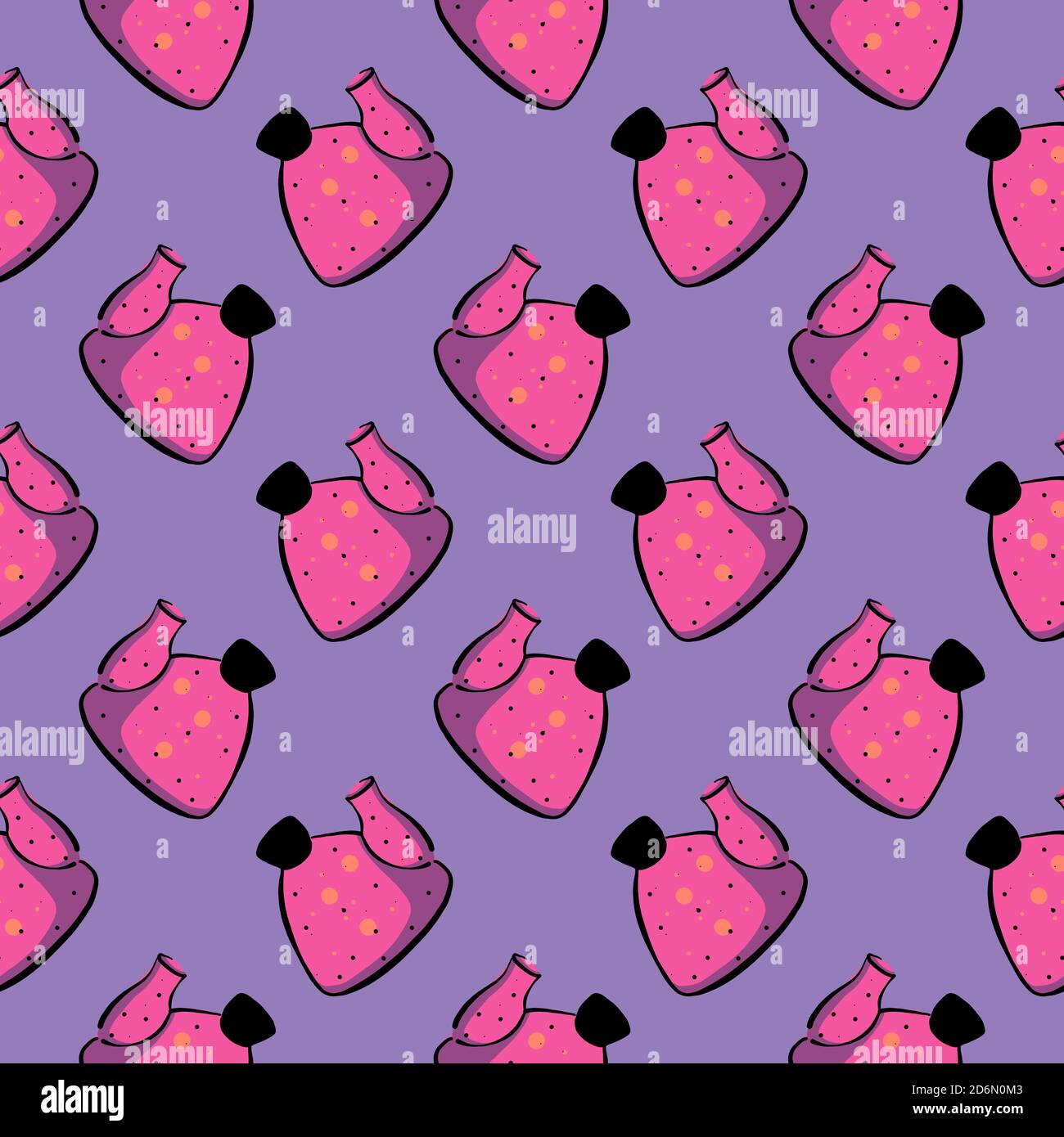 Dotted teapot, seamless pattern on purple background. Stock Vector