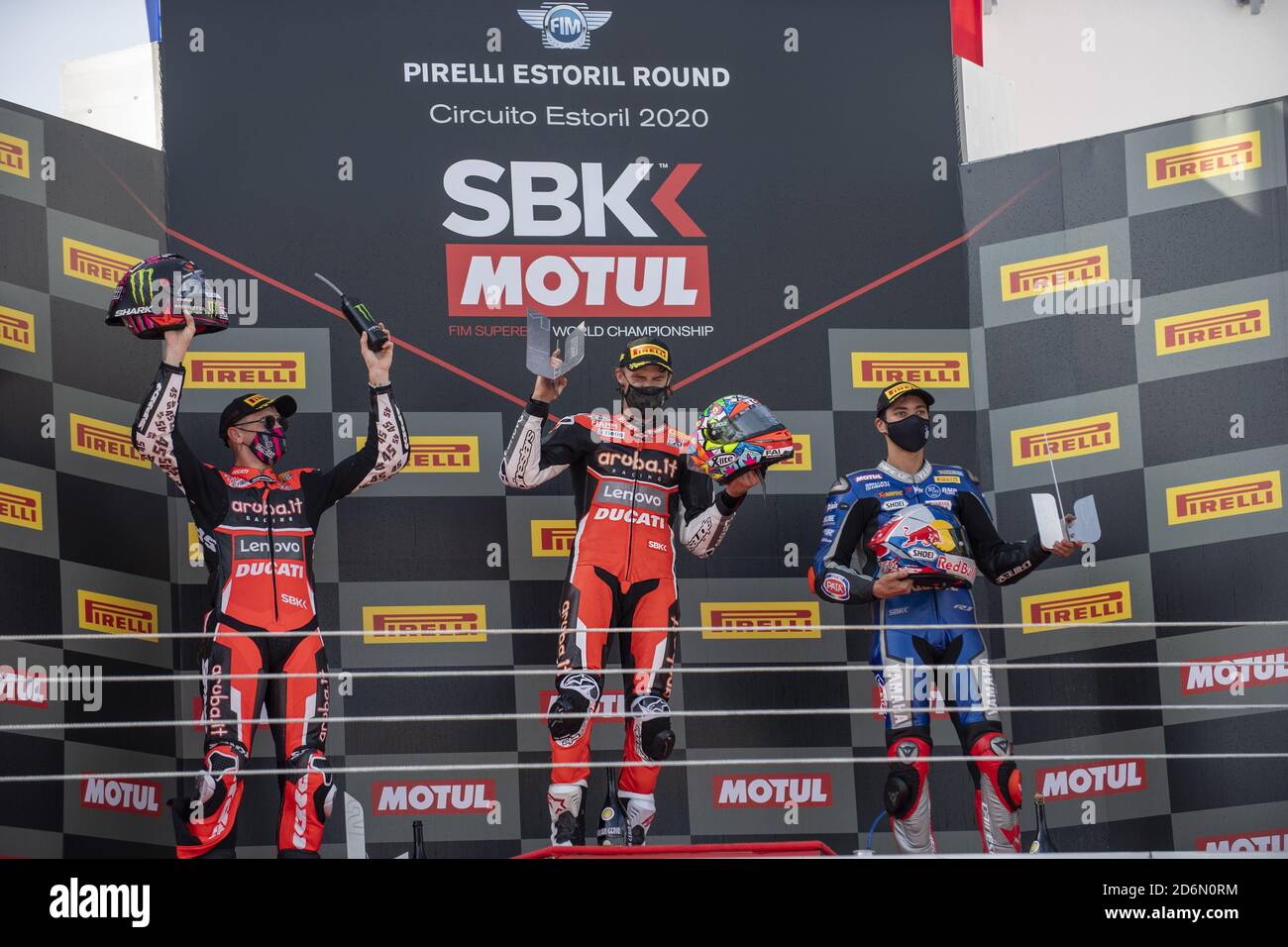 Estoril, Portugal., 18 Oct 2020, Podium N°7 Chaz Davies GBR Ducati Panigale  V4R ARUBA.IT Racing - Ducati 1st Classified N°45 Scott Redding GBR Ducati  Panigale V4R ARUBA.IT Racing - Ducati 2st Classified