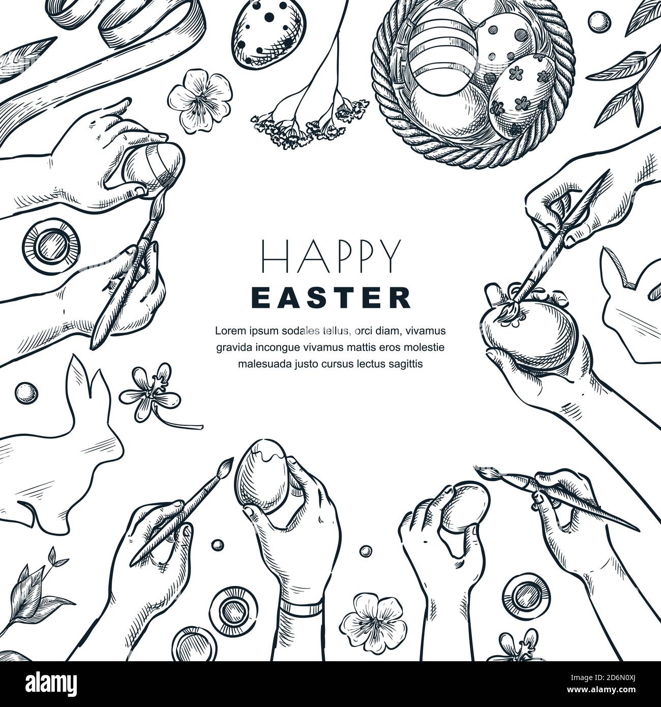 Kids painting Easter eggs. Vector top view sketch illustration of children art Craft