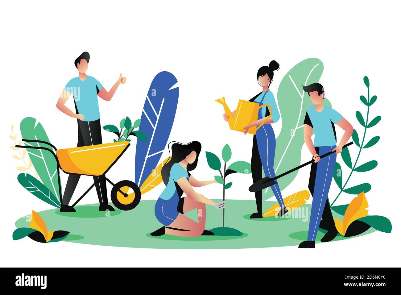Volunteering, charity social concept. Volunteer people plant trees in city park, vector flat illustration. Ecological lifestyle. Stock Vector