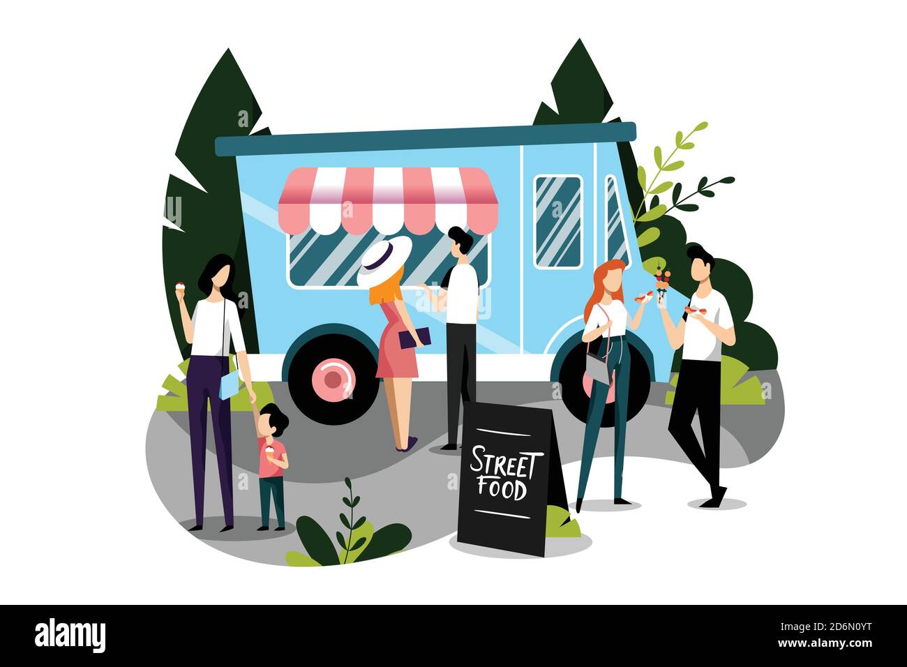 People buying fast food meals in a food truck. Vector flat colorful illustration. Street food festival concept. Spring and summer weekend outdoor leis Stock Vector