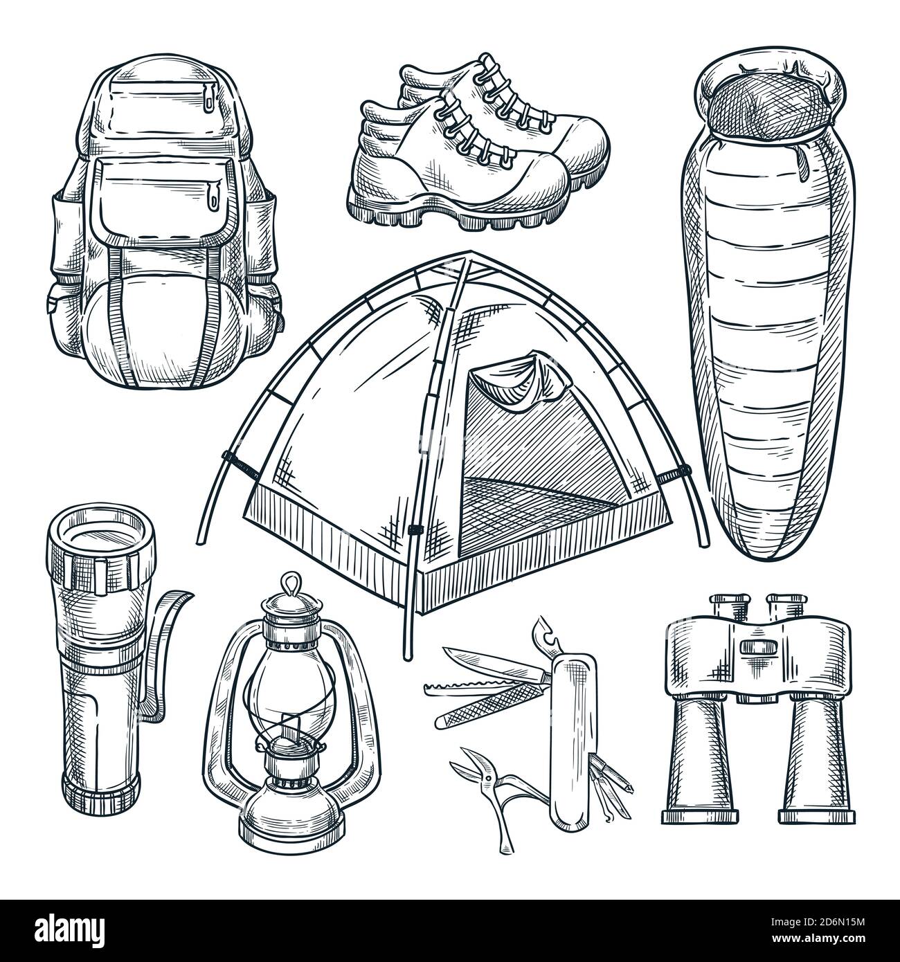 https://c8.alamy.com/comp/2D6N15M/camping-and-hike-items-set-vector-hand-drawn-sketch-illustration-camp-stuff-design-elements-isolated-on-white-background-2D6N15M.jpg